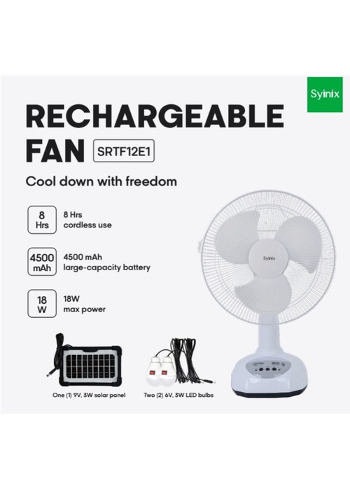 SYINIX RECHARGEABLE SOLAR FAN (SRTF12E1)