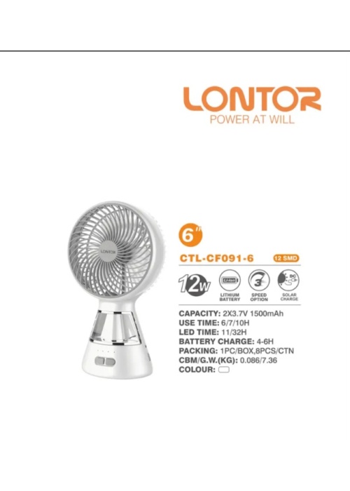 LONTOR PORTABLE RECHARGEABLE FAN CTL-CF091-6
